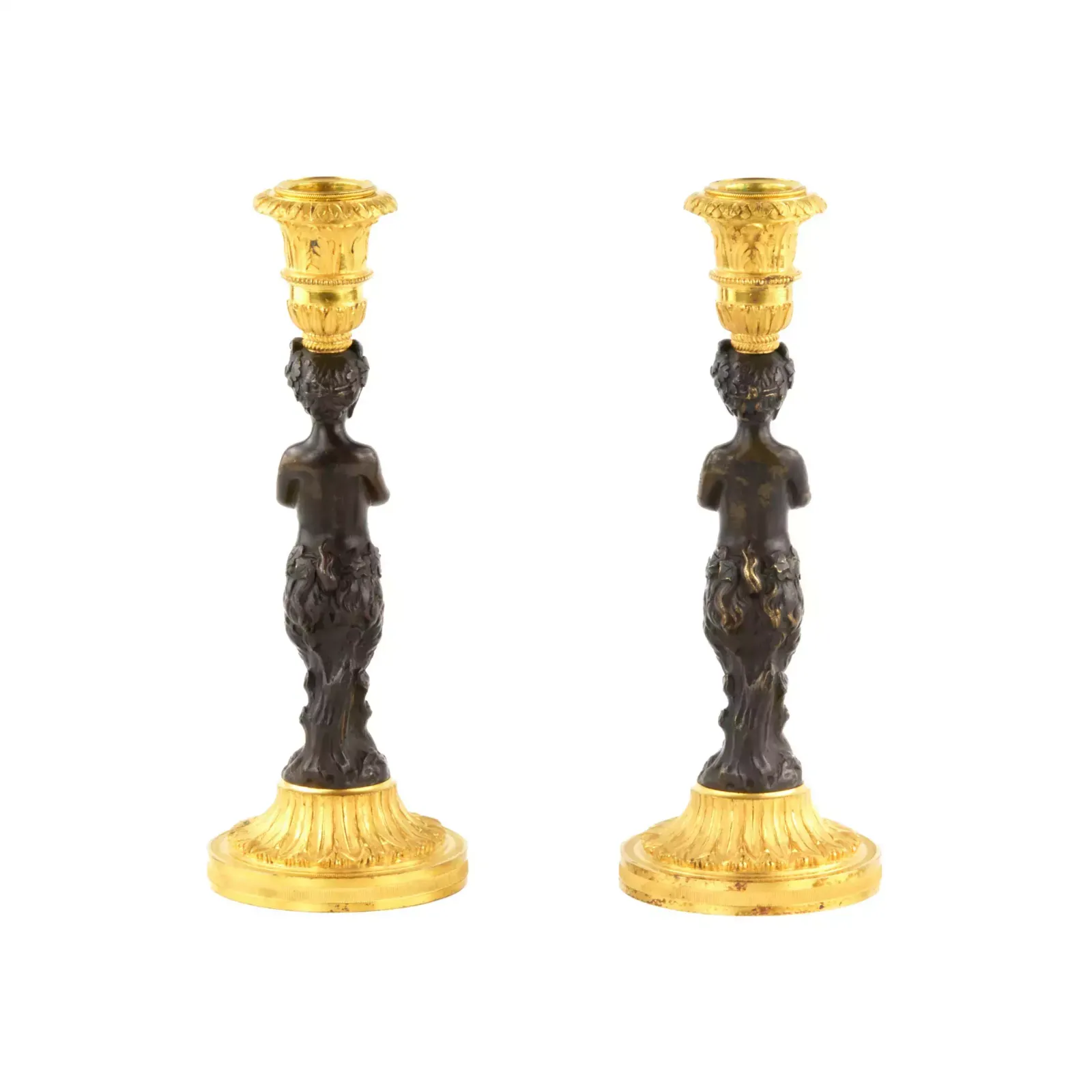 Pair Of Bronze, French Candlesticks, In The Form Of Fauns, Mid 19th Century.