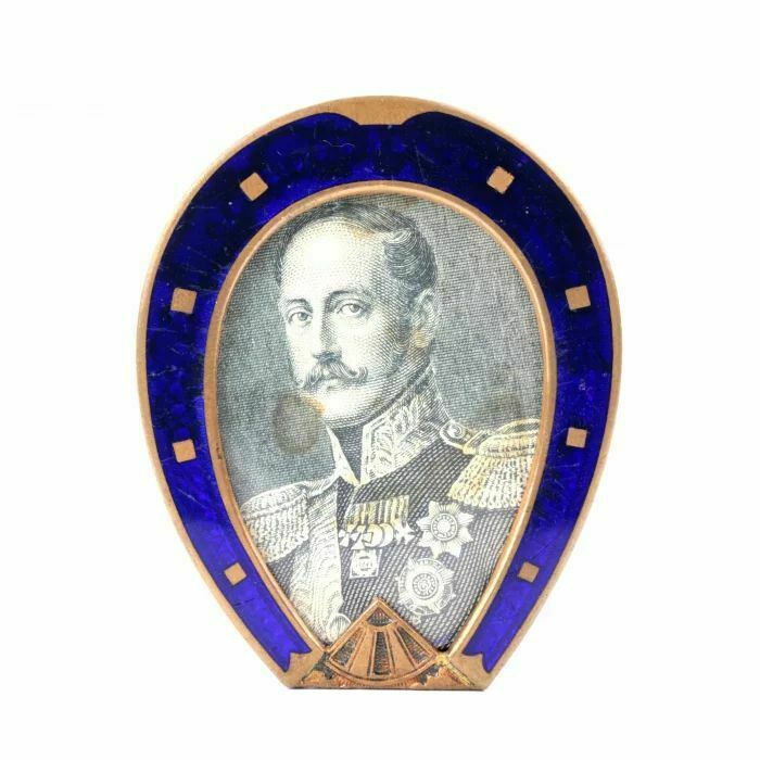 Photo Frame In The Shape Of A Horseshoe, With Blue Enamel From The Late 19th Century