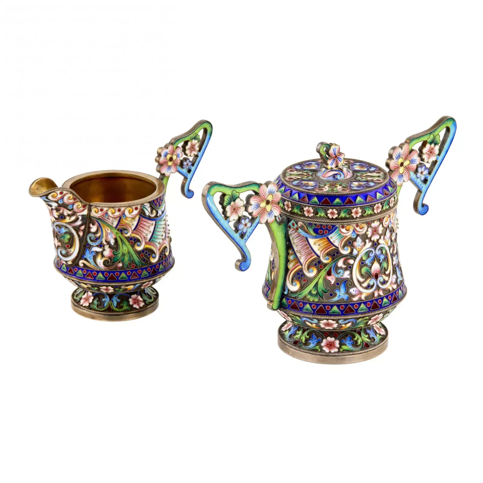 Art Nouveau Cloisonne Enamel Russian Silver Creamer And Sugar Bowl. photo 4104.0