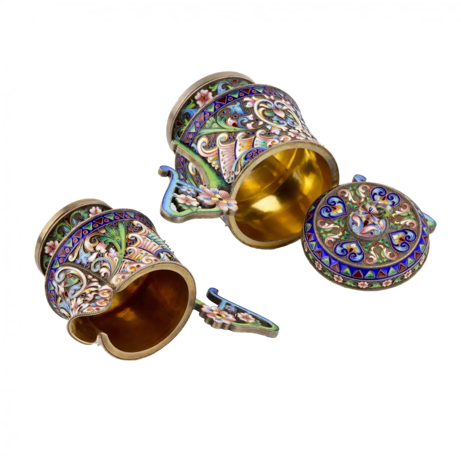 Art Nouveau Cloisonne Enamel Russian Silver Creamer And Sugar Bowl. photo vinterior