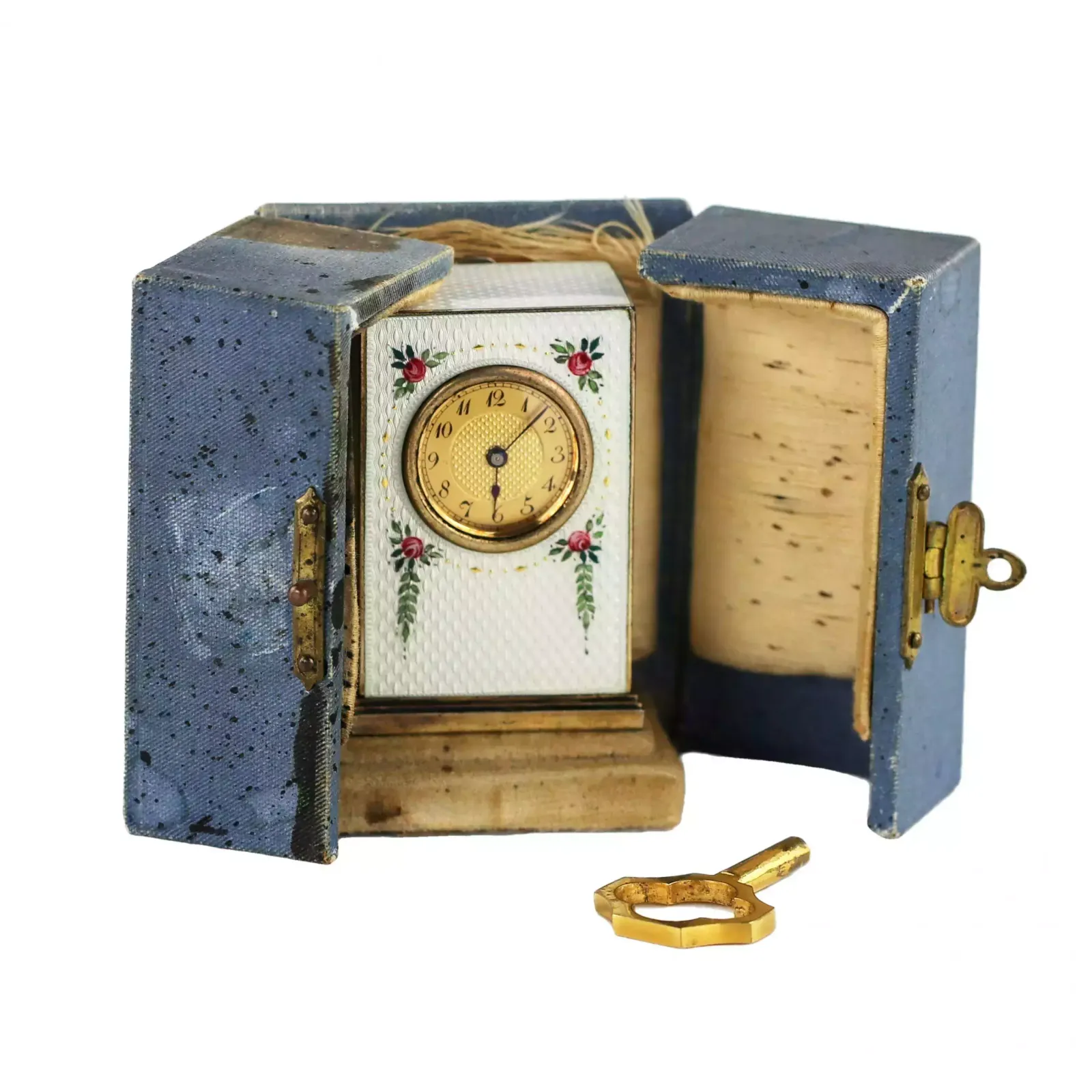 Miniature Travel Clock In A Case, In Silver And Guilloche Enamel, Early 20th Century photo vintage