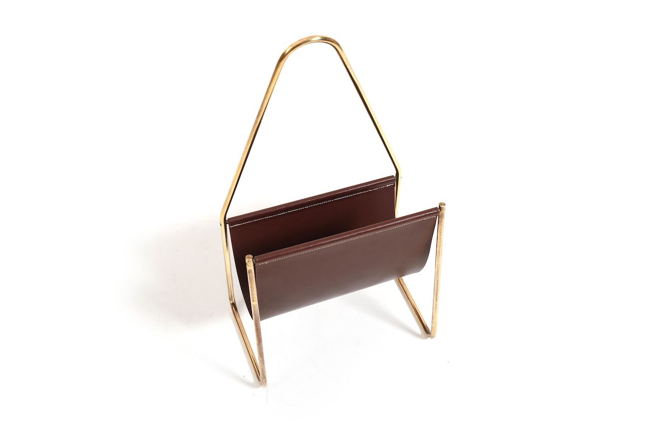1950s Carl Auböck Magazin Holder In Brass And Leather photo vinterior