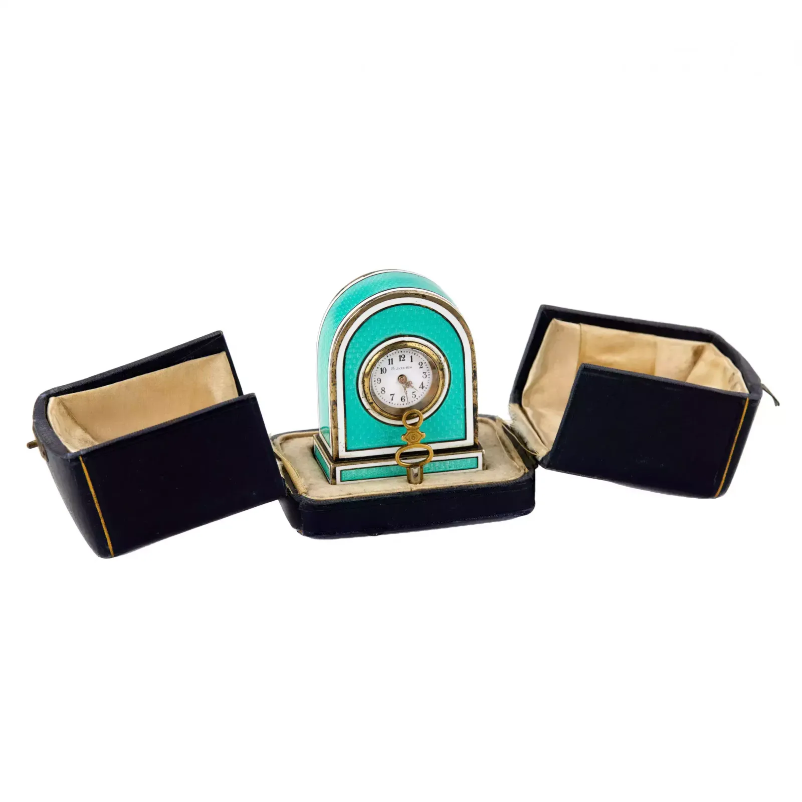 Miniature Travel Clock In Guilloche Silver Enamel, In Its Own Case. photo furniture