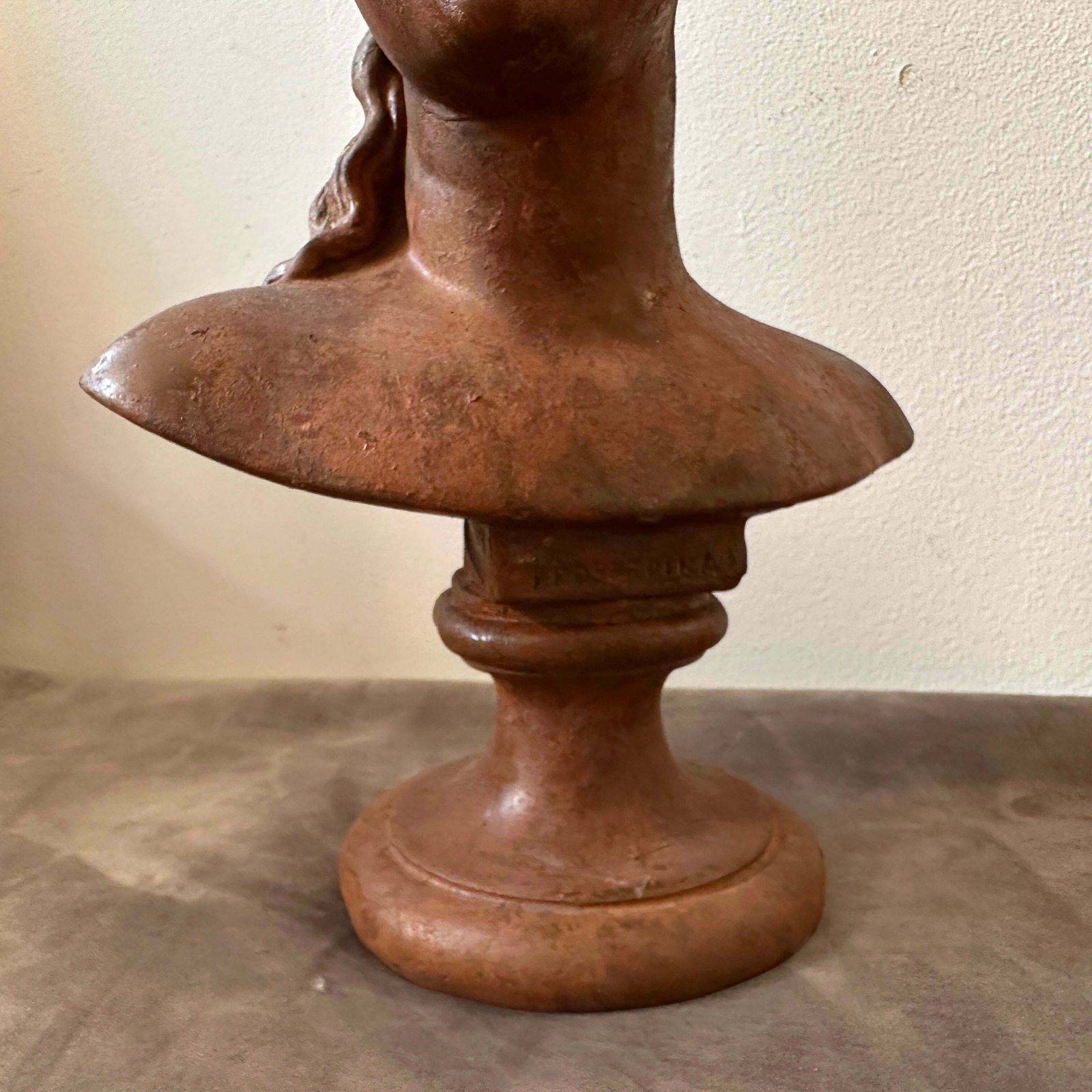 photo furniture 1900s Neoclassical Red Brick Patina Metal Italian Bust Of A Woman