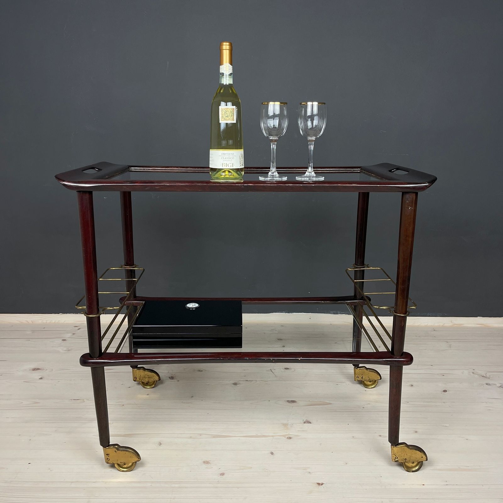 Mid Century Wood And Glass Bar Cart Trolley By Ico Parisi For De Baggis Italy 1960s photo for sale