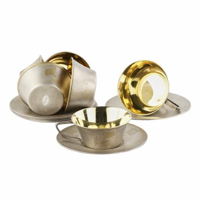 Six Silver Cups With Saucers, Gilded And Engraved. Ussr. 1960 80s photo for sale