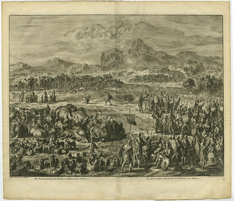 Antique Bible Print Of The Meeting Of Jacob And Esau