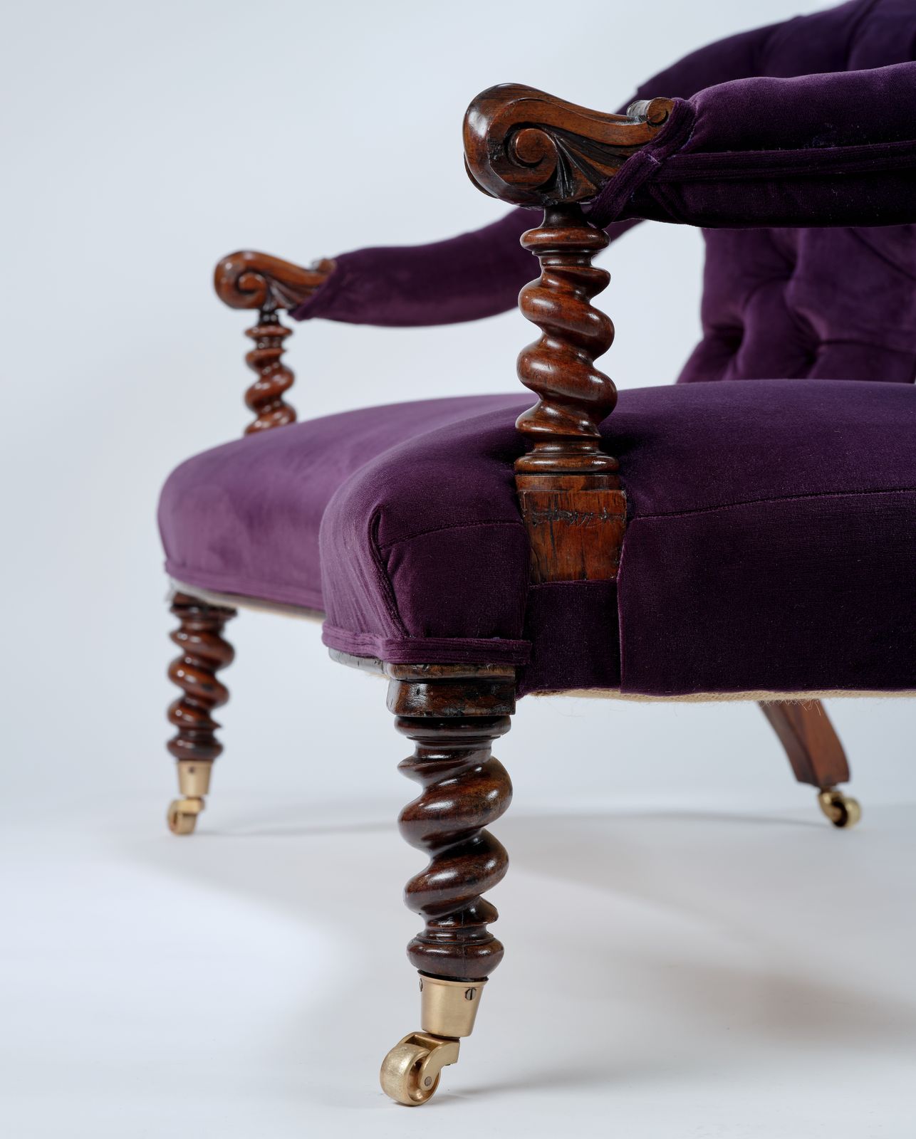 4895.0 Gorgeous Victorian Barley Twist Rosewood Sofa, Fully Restored And Reupholstered In Rich Purple Velvet, England Circa 1900's. photo