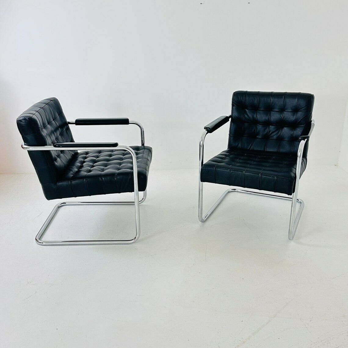 Set Of Tow Bauhaus Black Leather Loung Chairs 1980s photo Furniture