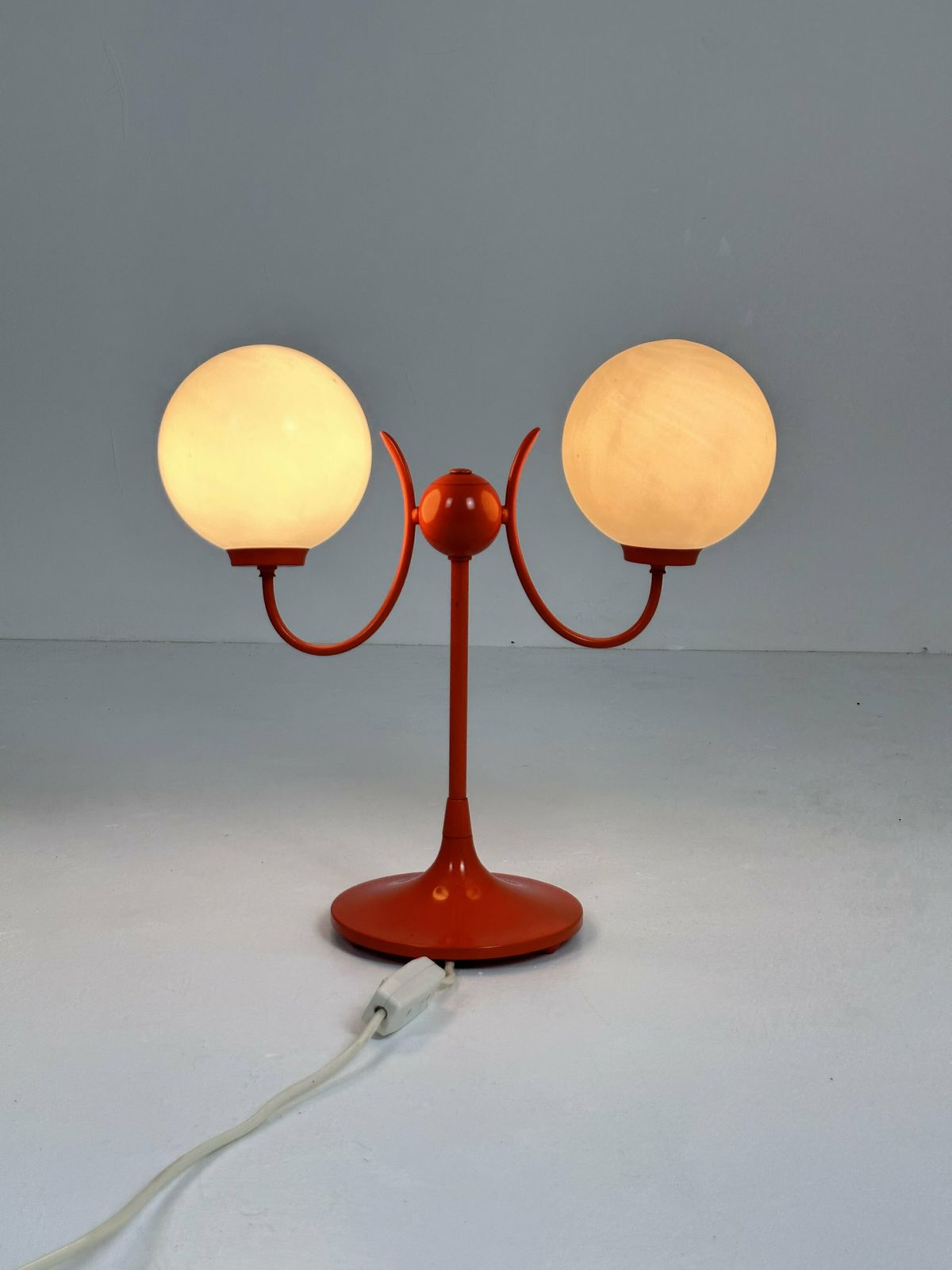 Opaline Glass, Orange Tulip Shaped Base Makes This Stunning Space Age Mid Century Table Lamp . Made By Kaiser Leuchten, Germany 1970s photo furniture