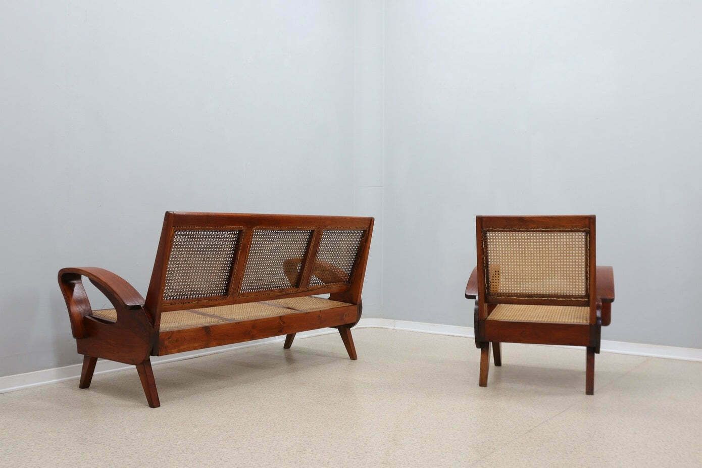 Mid Century Teak Wood And Vienna Straw Easy Sofa + Armchair 1950s photo Furniture