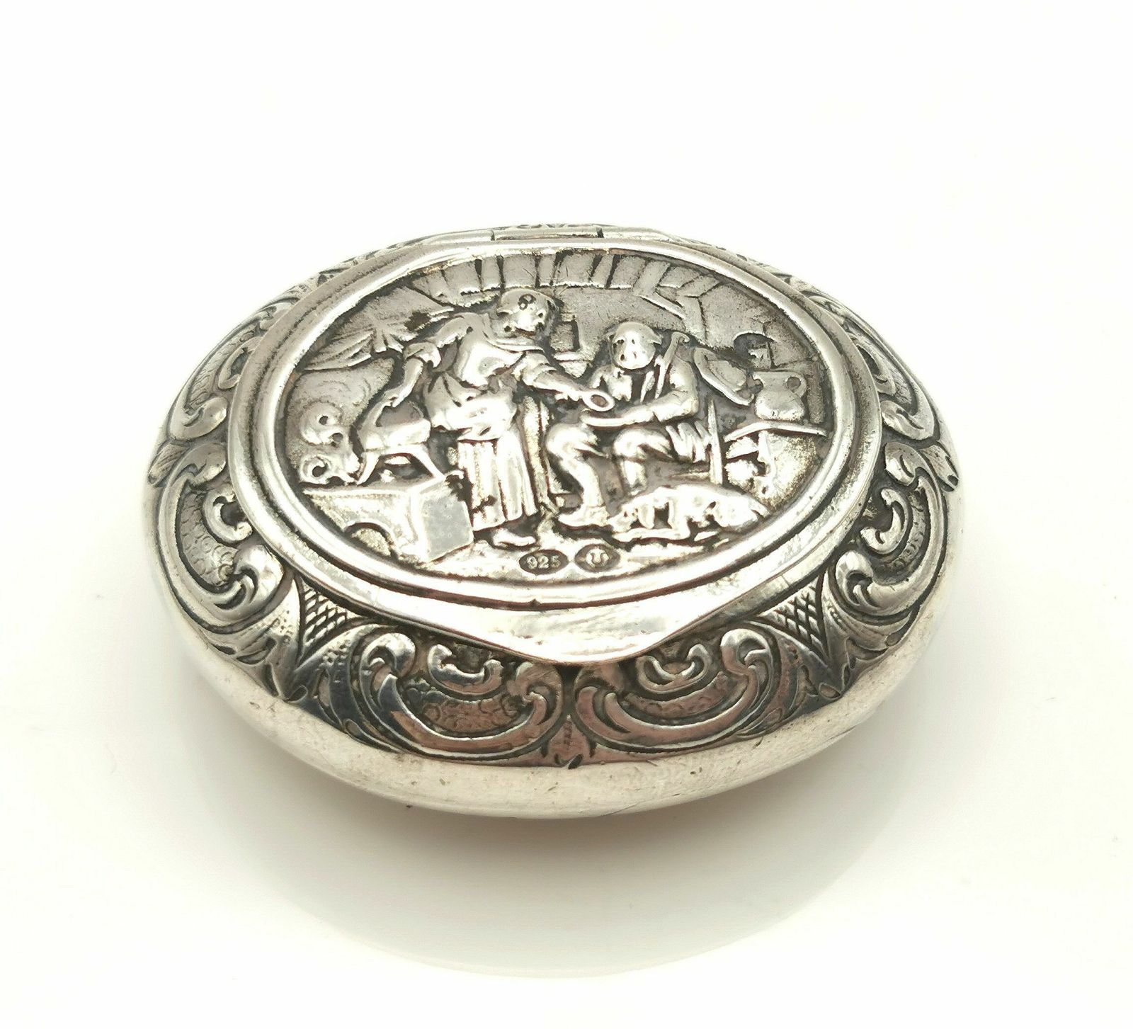 Antique Sterling Silver Pictorial Snuff Box, Home Scene