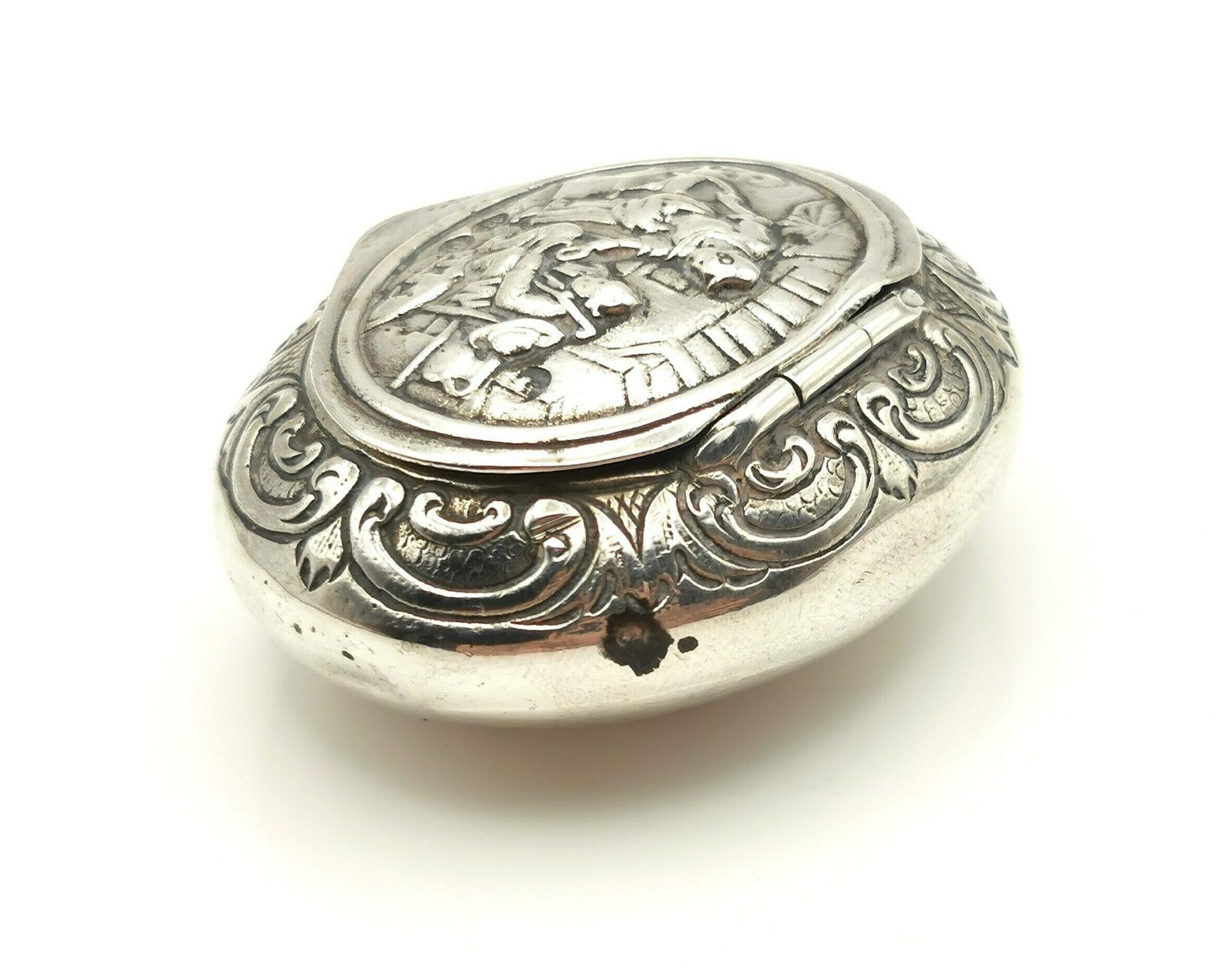 Antique Sterling Silver Pictorial Snuff Box, Home Scene photo furniture