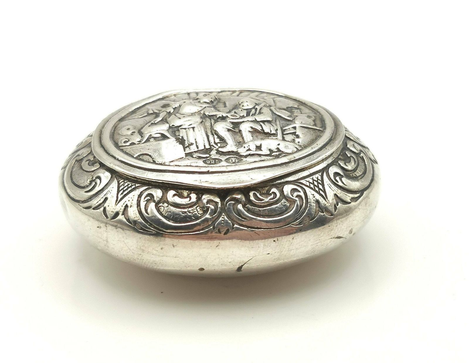 photo for sale Antique Sterling Silver Pictorial Snuff Box, Home Scene