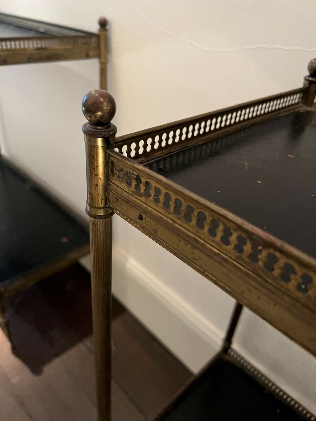 Pair Of French 1920s Brass And Leather Fretwork Sofa End Tables photo buy