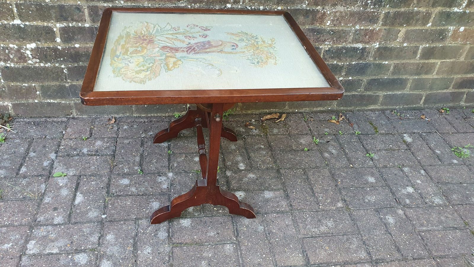 photo for sale Large Impressive Tapestry Fire Screen Parrot Motif Mahogany Folds Up To Form Coffee Table