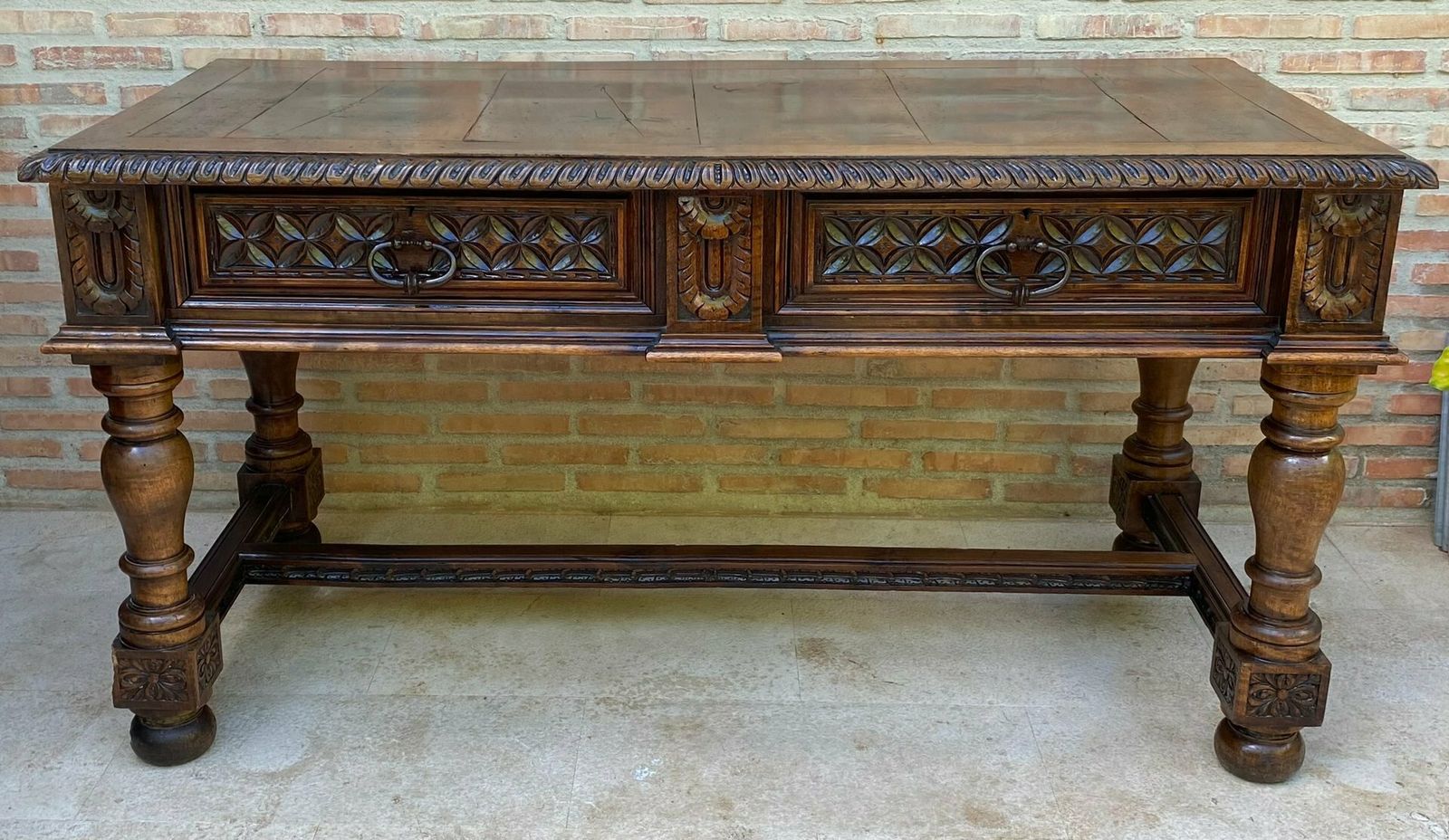 19th Century Spanish Walnut Desk With Two Drawers & Strong Legs, 1890s photo Furniture