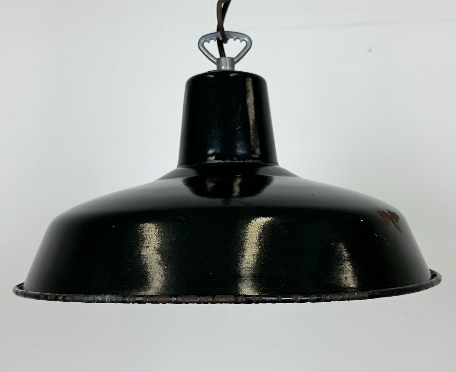 Industrial French Dark Green Enamel Factory Lamp, 1960s photo for sale