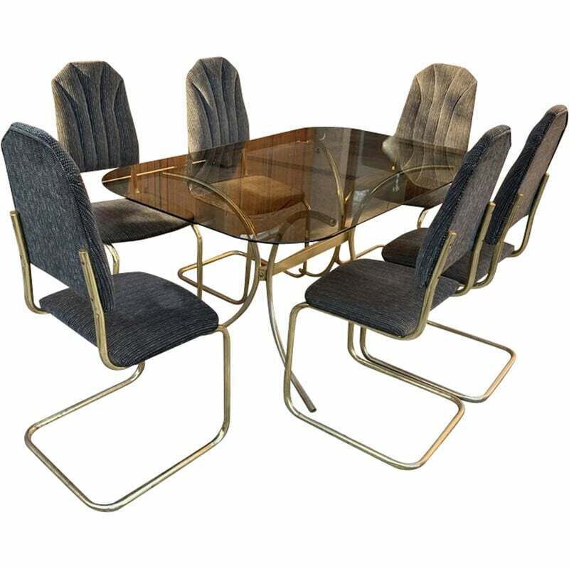 Vintage Italian Dining Set In Brass And Glass, 1970s