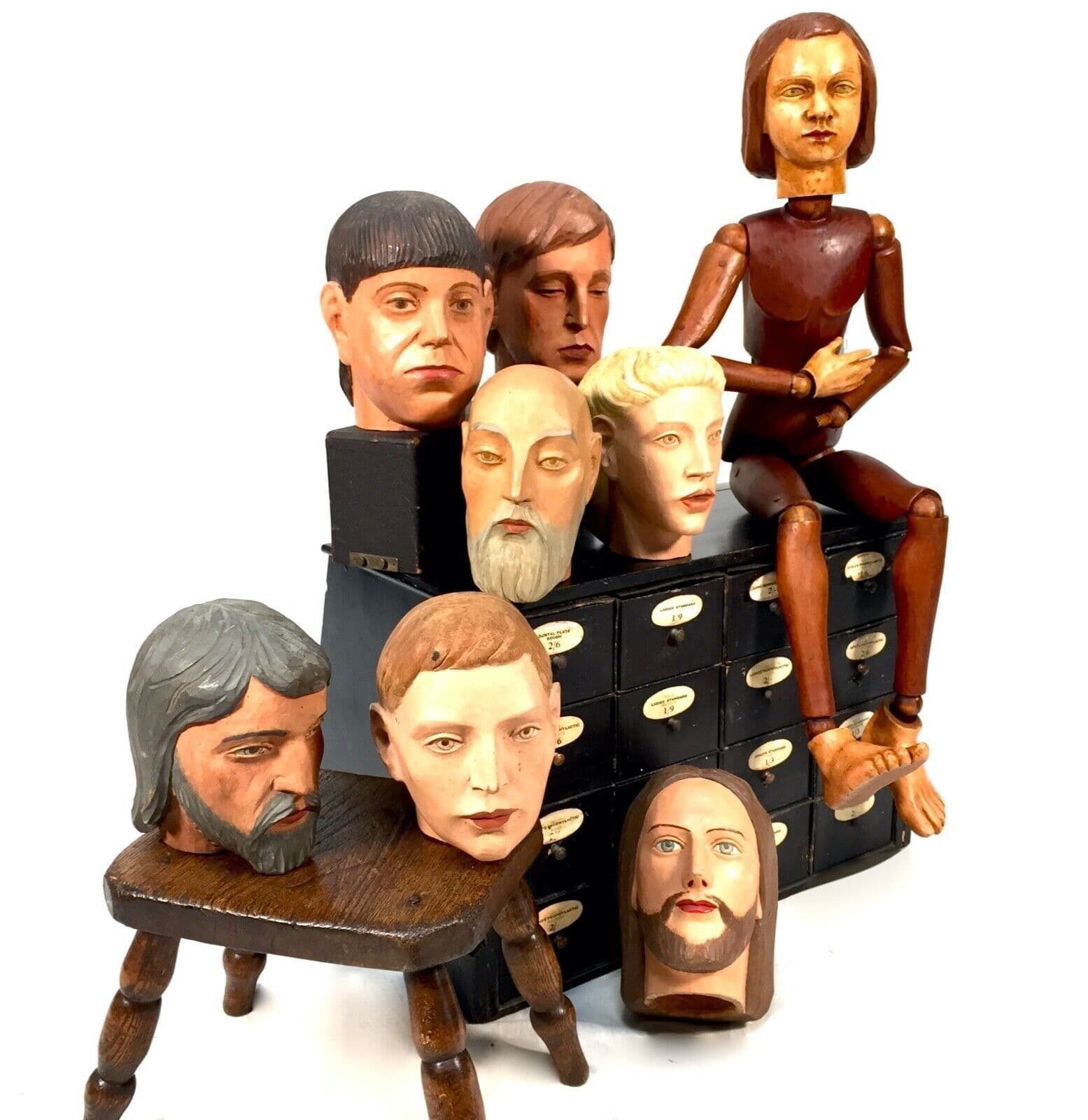 Antique Wooden French Articulated Artists Lay Figure & Head Collection C.1900 photo furniture