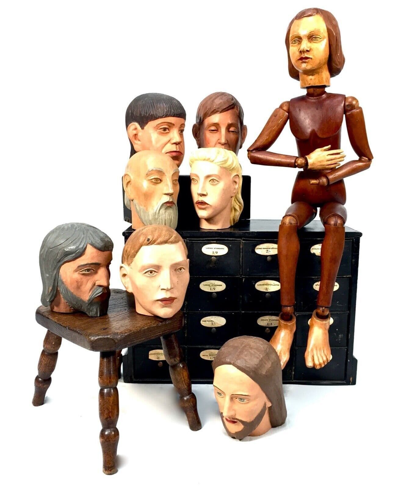 Antique Wooden French Articulated Artists Lay Figure & Head Collection C.1900 photo for sale