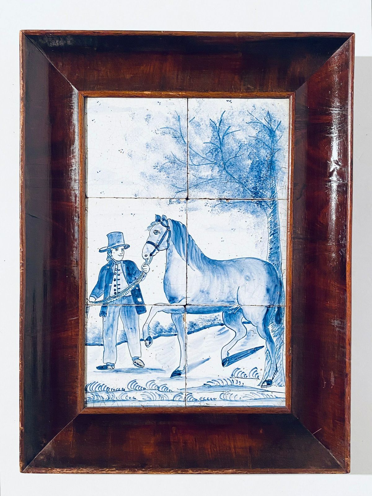 Antique Delft Blue Ceramic Tile Horse Farmer Motif Picture / Dutch Tiles / 1890s photo furniture