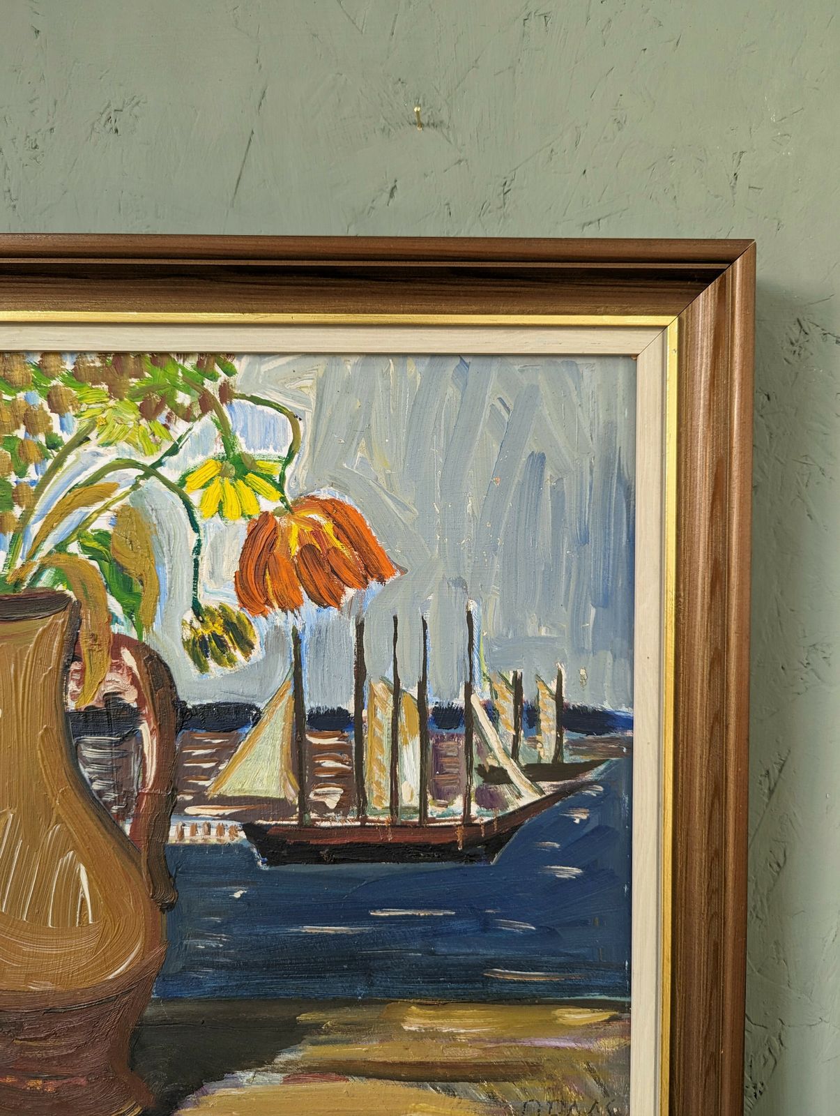 Mid Century Modernist Swedish Still Life Oil Painting, Sail Boats & Flowers, Framed photo buy