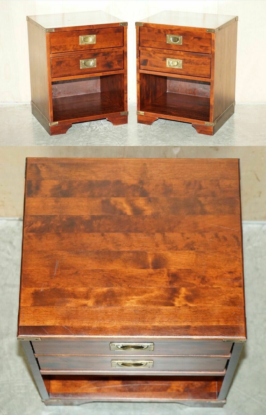 Pair Of Miliary Campaign Side End Lamp Wine Bedside Table Chests With Drawers