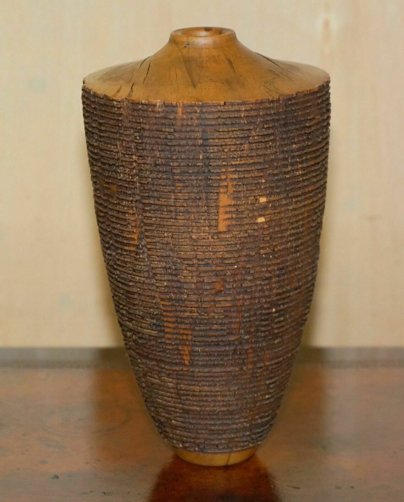 Large Ornately Hand Carved Wooden Vase Makers Signature To The Base photo for sale