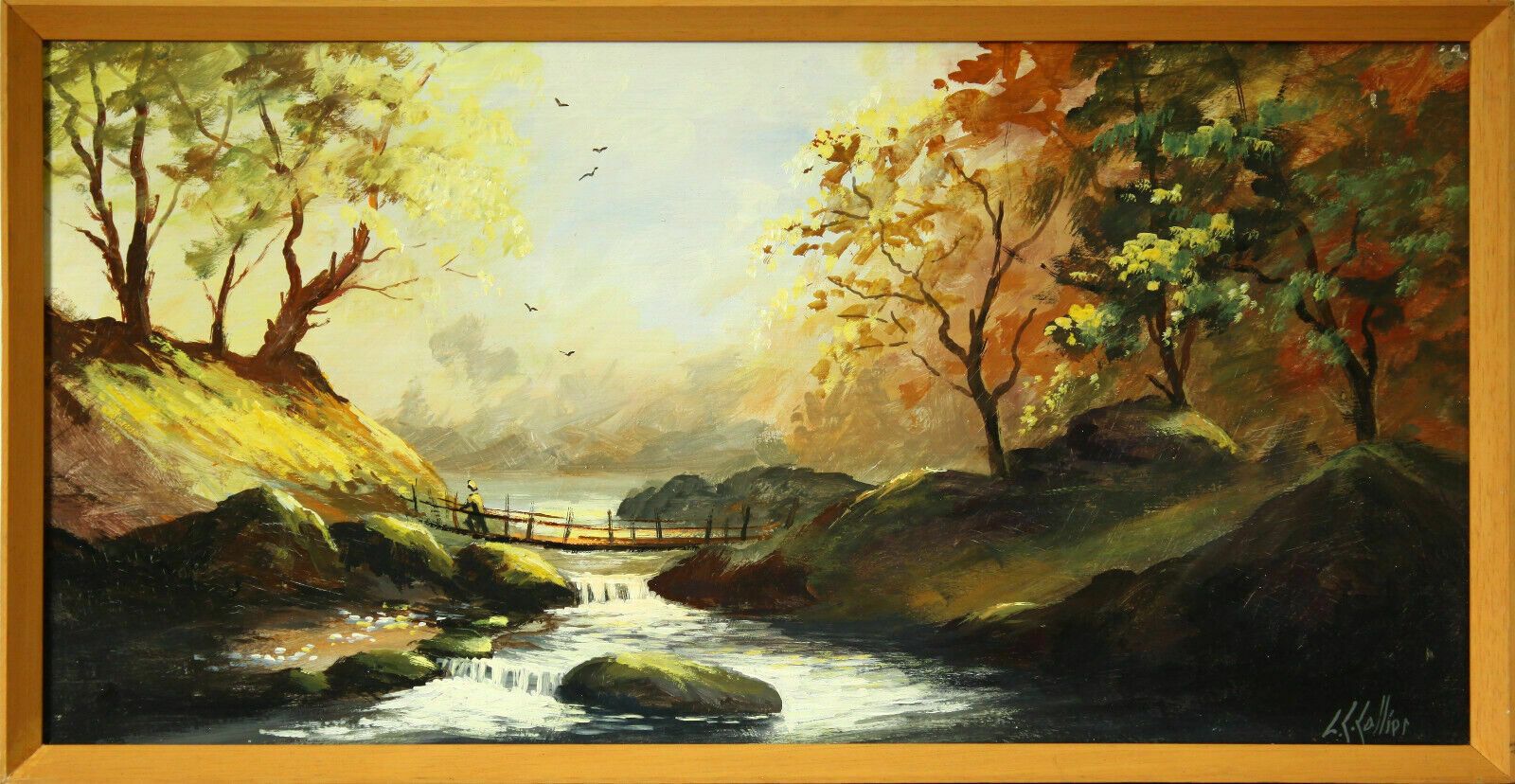 Oil On Board By L C Collier. Wooden Bridge Over Stream