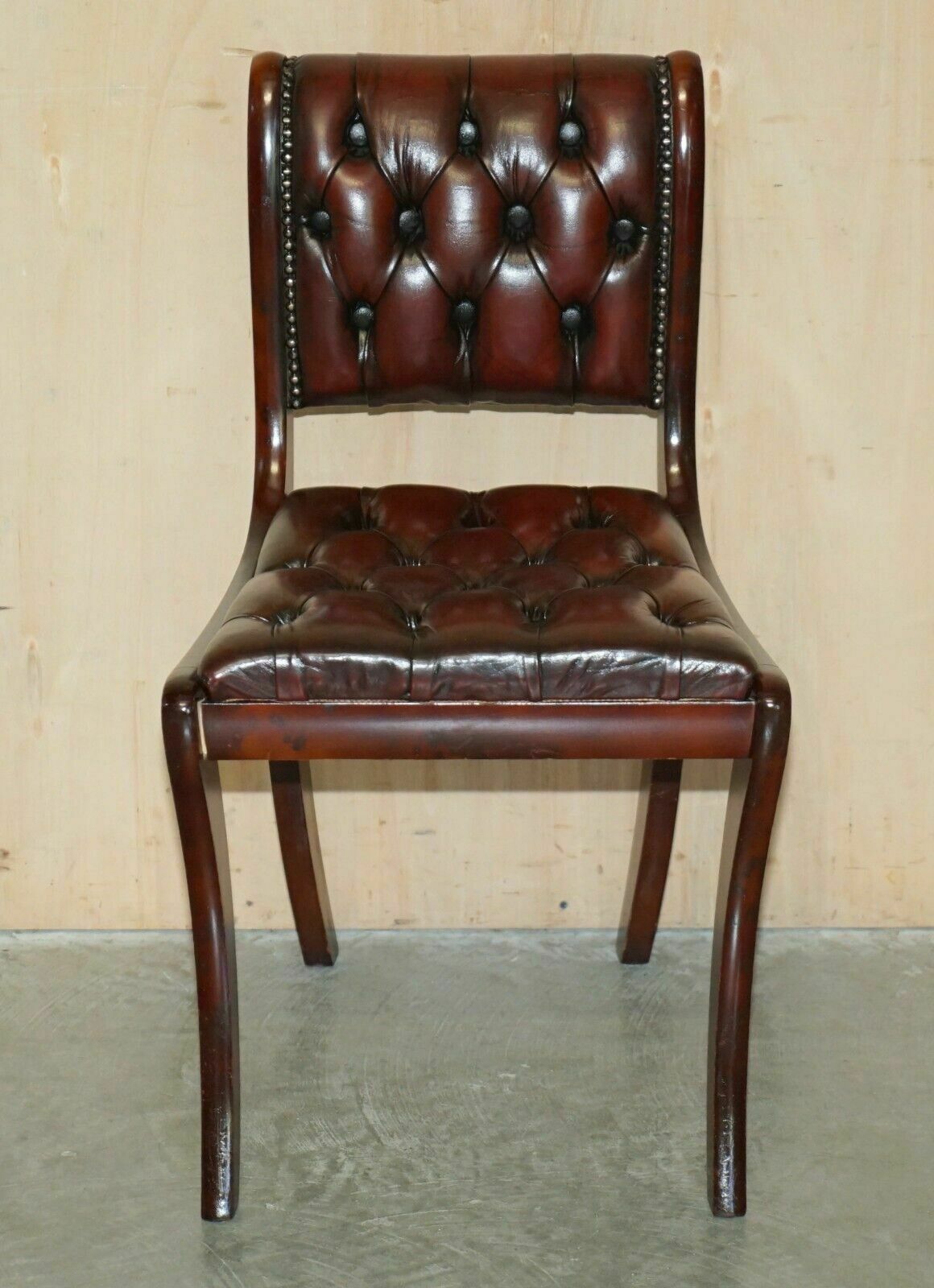 Six Vintage Mahogany Fully Restored Chesterfield Oxbood Leather Dining Chairs 6 photo for sale
