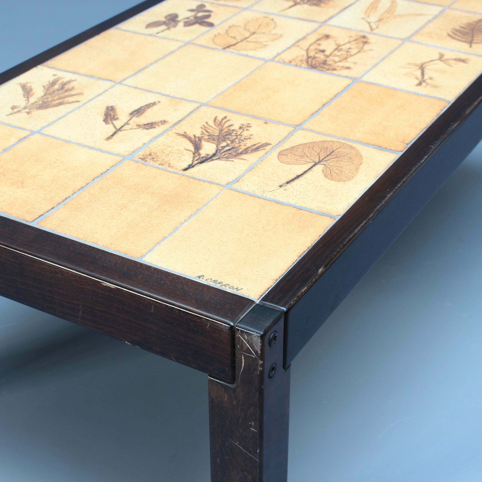 photo furniture Vintage French Coffee Table With Leaf Motif Tiles By Roger Capron (Circa 1970s)