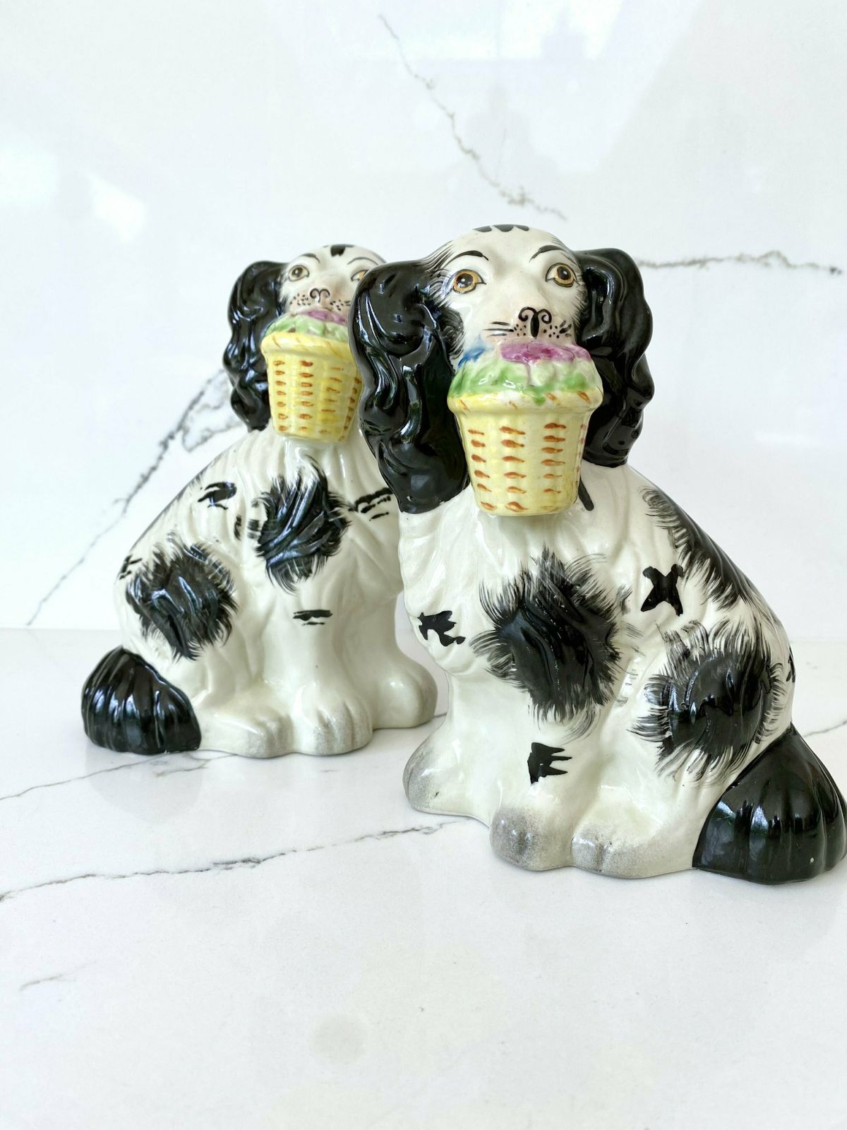 Pair Of Antique Pottery Mantle Dogs With Baskets Of Flowers photo furniture