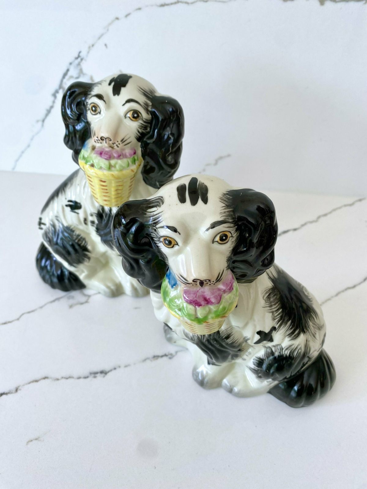 Pair Of Antique Pottery Mantle Dogs With Baskets Of Flowers photo for sale