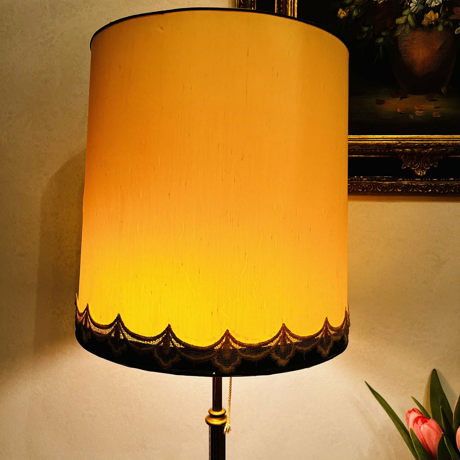 Elegant Floor Lamp, Aestetique Stand Lamp Made Of Bronze/Brass With 2 Lights And A Big Lampshade photo for sale
