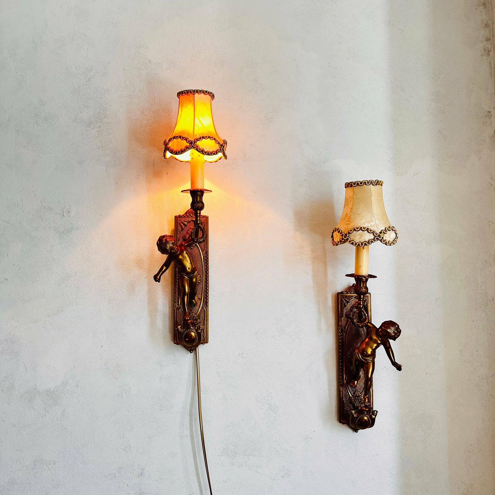 Old Pair Of Wall Cherubs/Putti Sconces, Bronze Brevettato, Cherub Wall Candleholders, Home Lighting