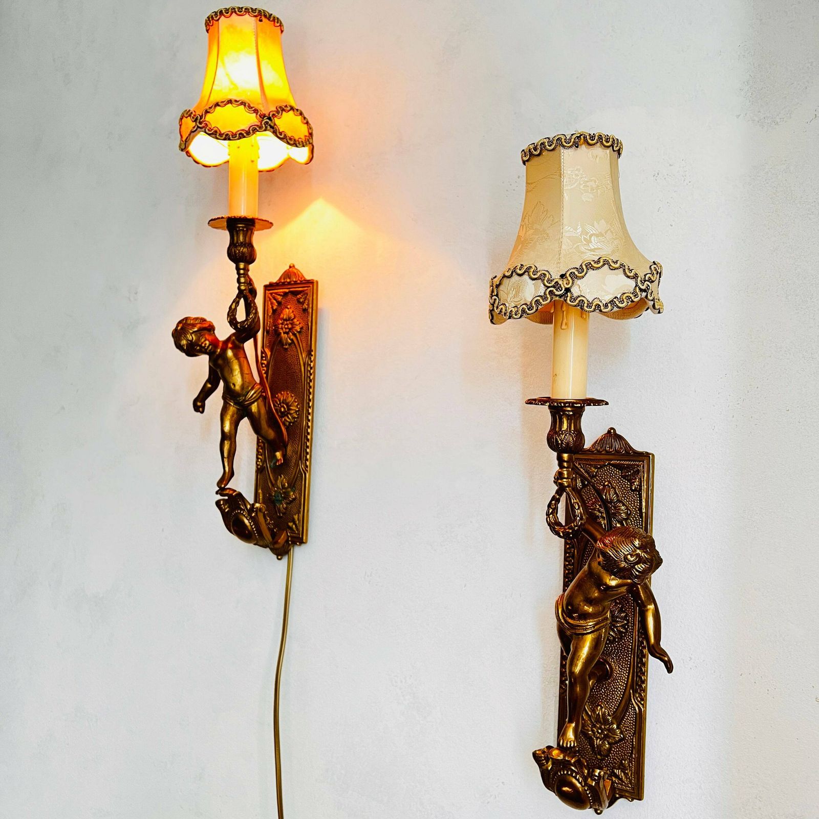 Old Pair Of Wall Cherubs/Putti Sconces, Bronze Brevettato, Cherub Wall Candleholders, Home Lighting photo for sale