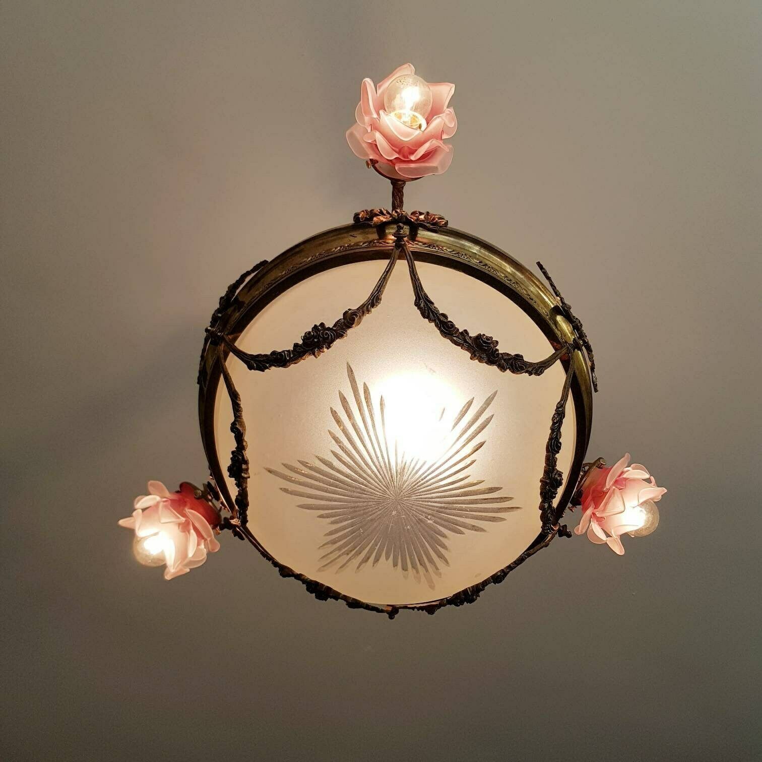 Old French Chandelier, Pendant Lamp, Art Deco Style, Vianne Frosted Pink Lampshades photo Lighting