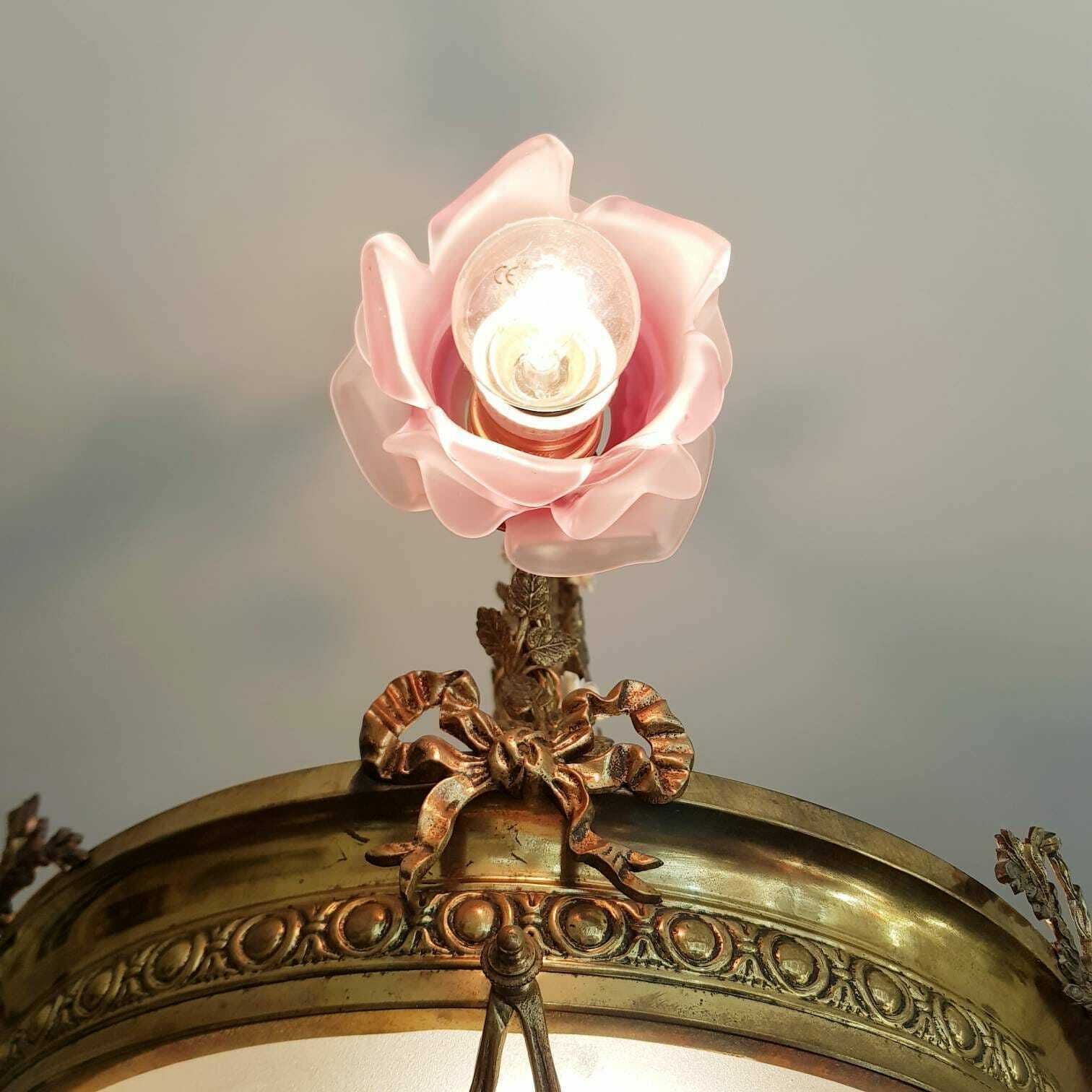 Old French Chandelier, Pendant Lamp, Art Deco Style, Vianne Frosted Pink Lampshades photo vinterior