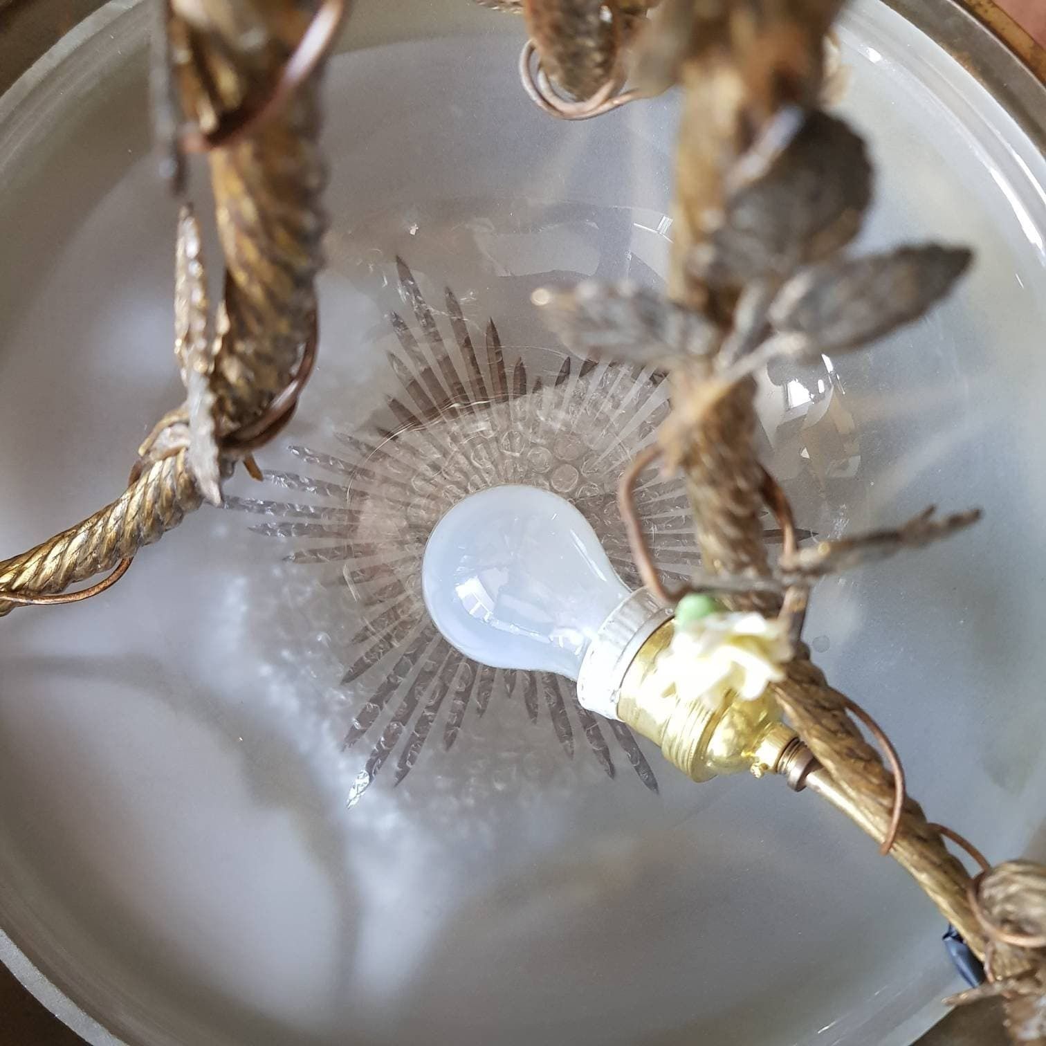 Old French Chandelier, Pendant Lamp, Art Deco Style, Vianne Frosted Pink Lampshades photo vintage