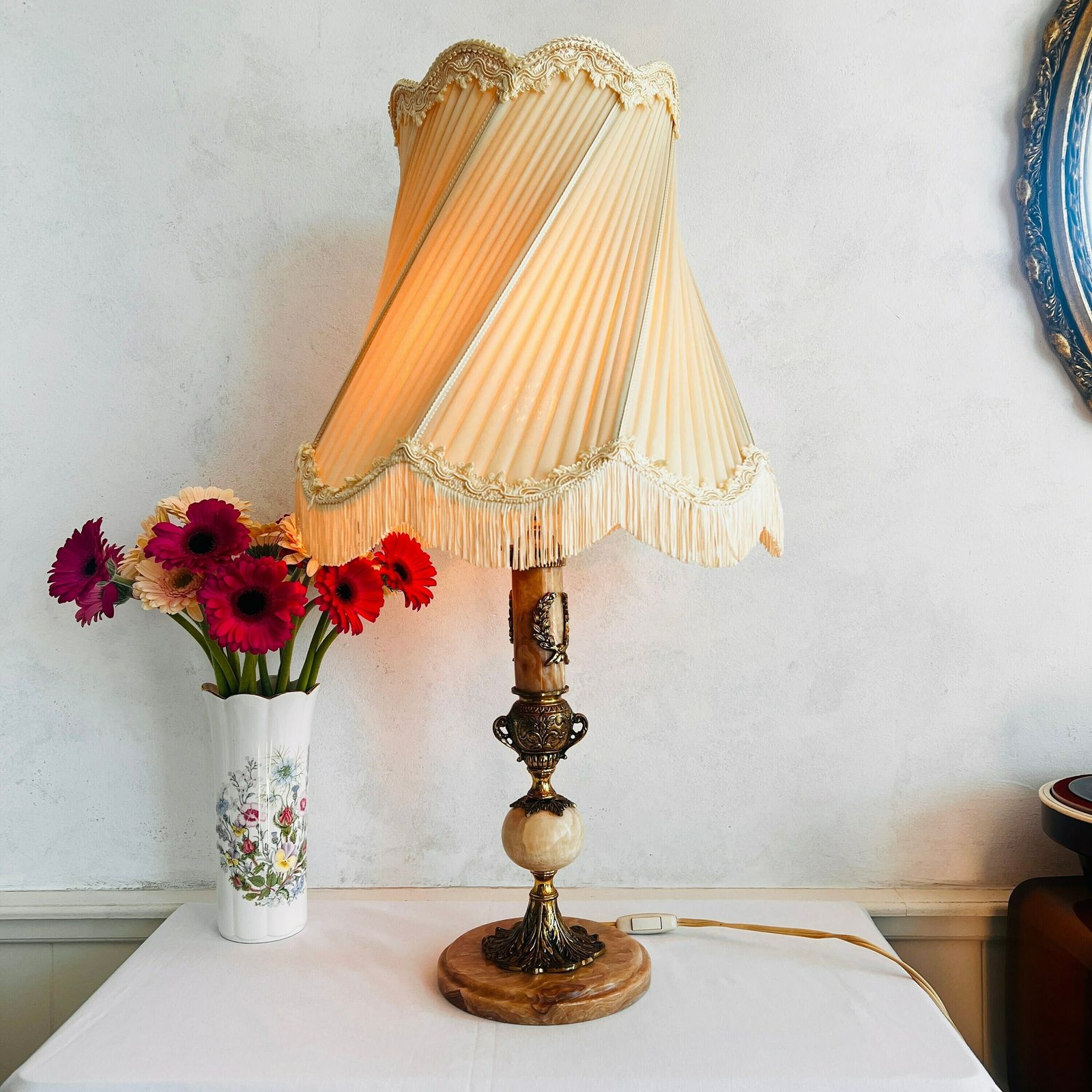 Italian Marble Lamp, Tall Table Lamp Lampshade Edges With Fringes, Rare Find photo for sale