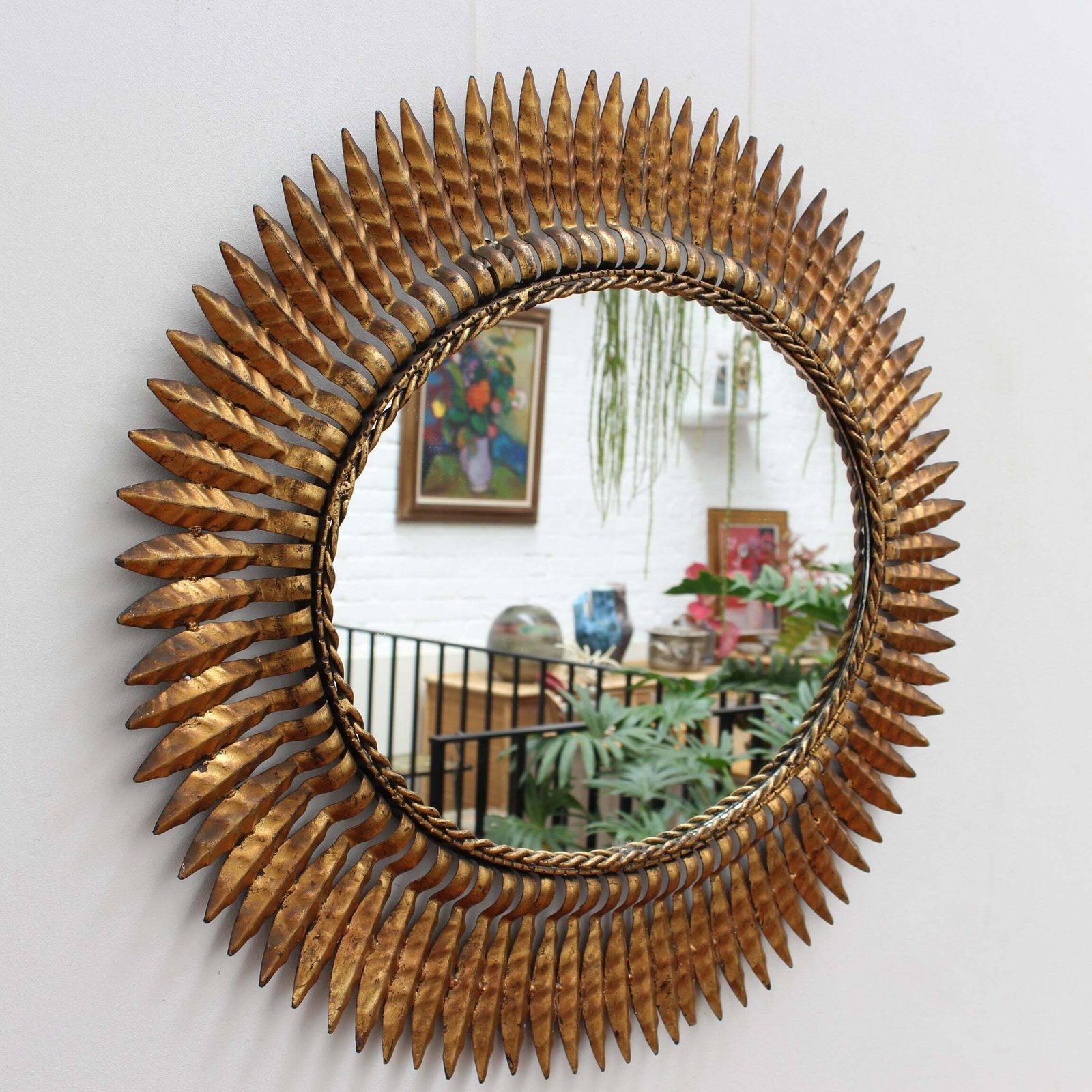 Mid Century Spanish Gilt Metal Sunburst Mirror With Leaf Motif, Circa 1960s. photo furniture