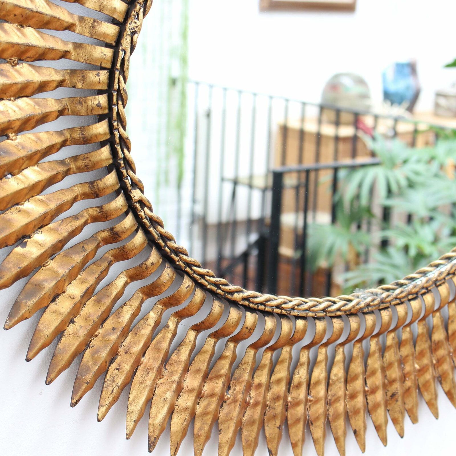 Mid Century Spanish Gilt Metal Sunburst Mirror With Leaf Motif, Circa 1960s. photo Home Decor