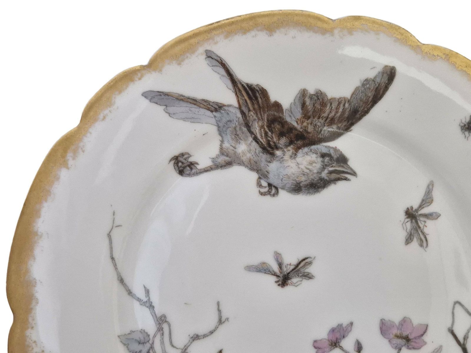Limoges Porcelain Wall Plate With Hand Painted Birds And Insects By Adolphe Hache & Cie, French Cabinet Plate photo vinterior