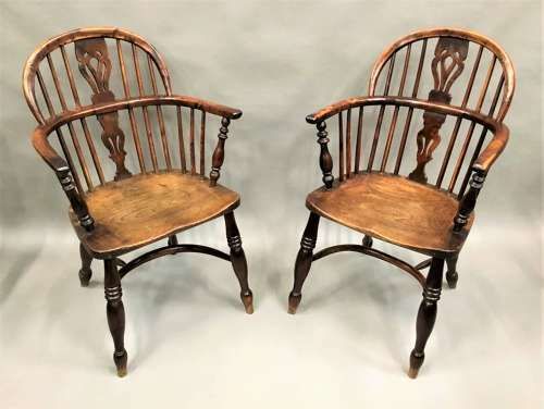 photo for sale Good C19th Pair Of Burr Yew And Elm Windsor Armchairs