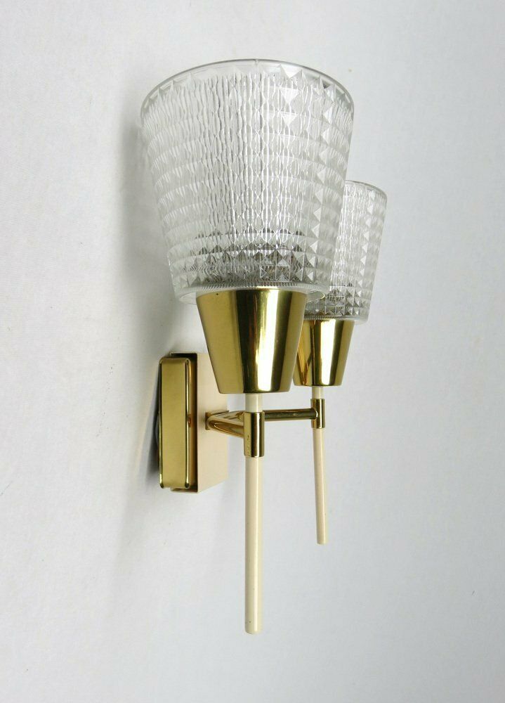 Elegant Wall Lights Torches, 50s, Brass, Beige, Glass, 1950s, Set Of 2 photo Lighting