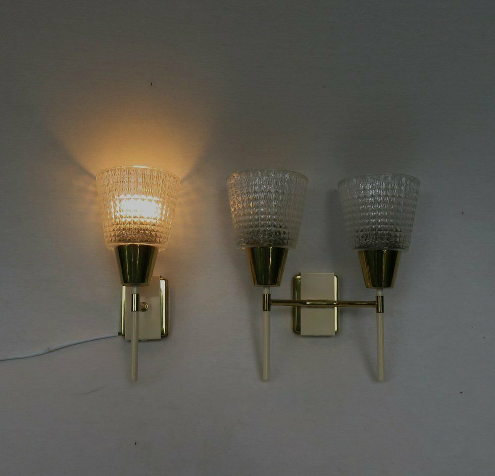 Elegant Wall Lights Torches, 50s, Brass, Beige, Glass, 1950s, Set Of 2 photo buy