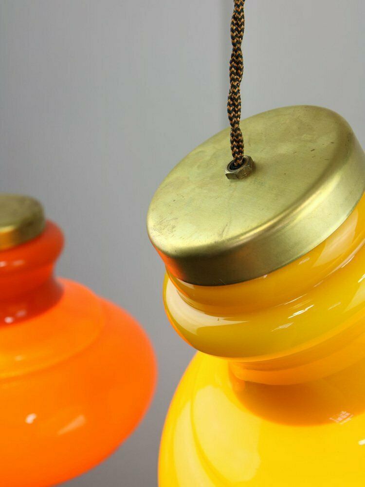 photo for sale Mid Century Italian Glass And Brass Pendant Lamps, Set Of 2