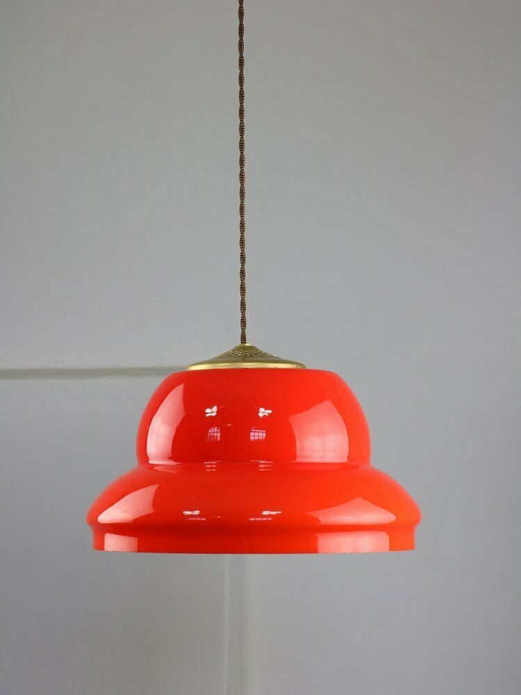 Mid Century Italian Red Glass And Brass Pendant Lamp