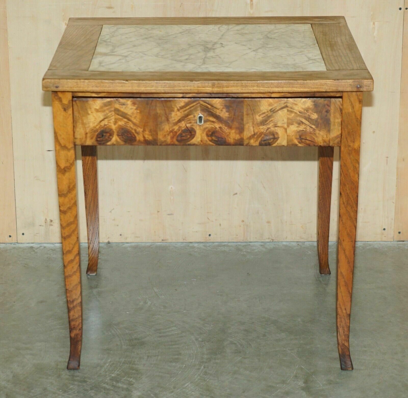 Super Rare Antique Laburnum Oyster Wood Marble Topped Food Preparation Table photo for sale